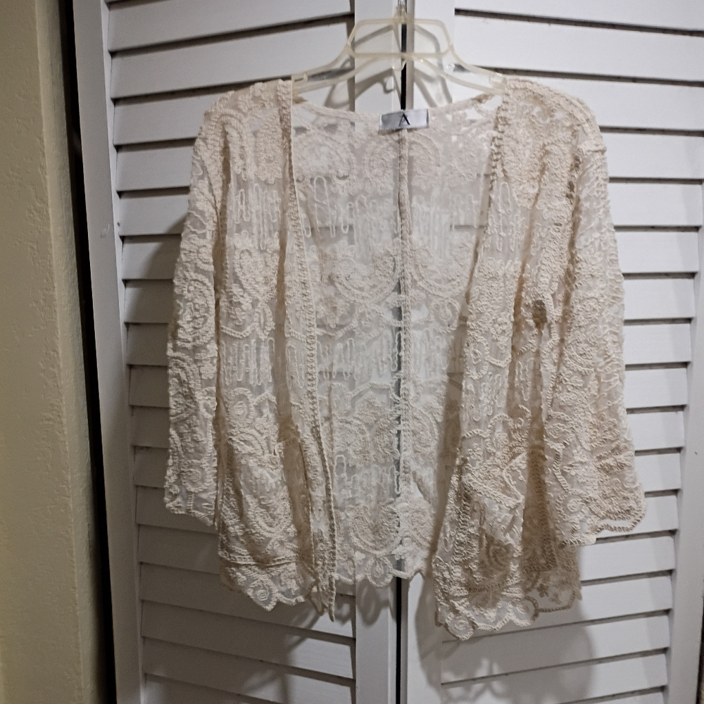 AZ Factory Lace & Embroidered Cream Cardigan